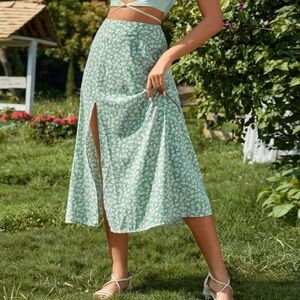 Floral green high slit high waisted skirt
